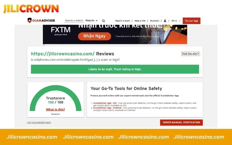 JiliCrown rated 100 trust score on ScamAdviser
