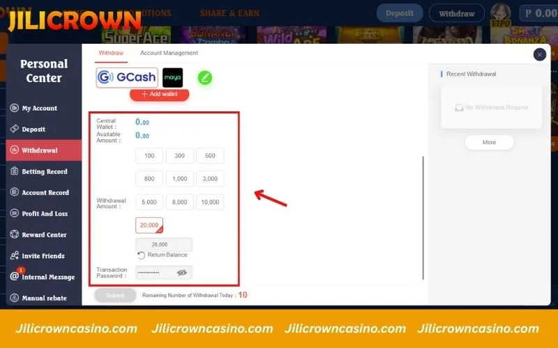 Enter amount and confirm password