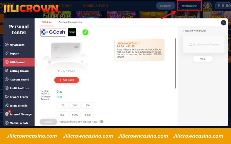 Access the JiliCrown withdrawal page