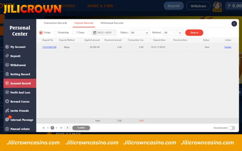 Check your deposit history in Jilicrown Account Record
