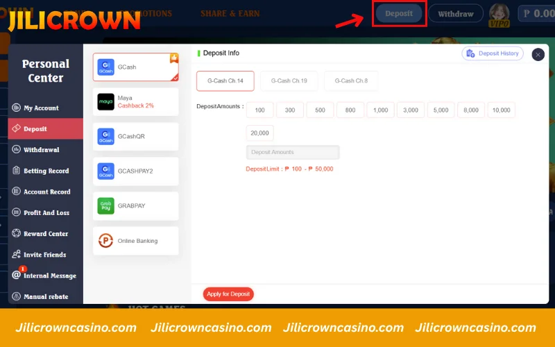 Deposit screen access on Jilicrown platform