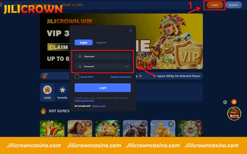 Enter your Jilicrown login details on the official website