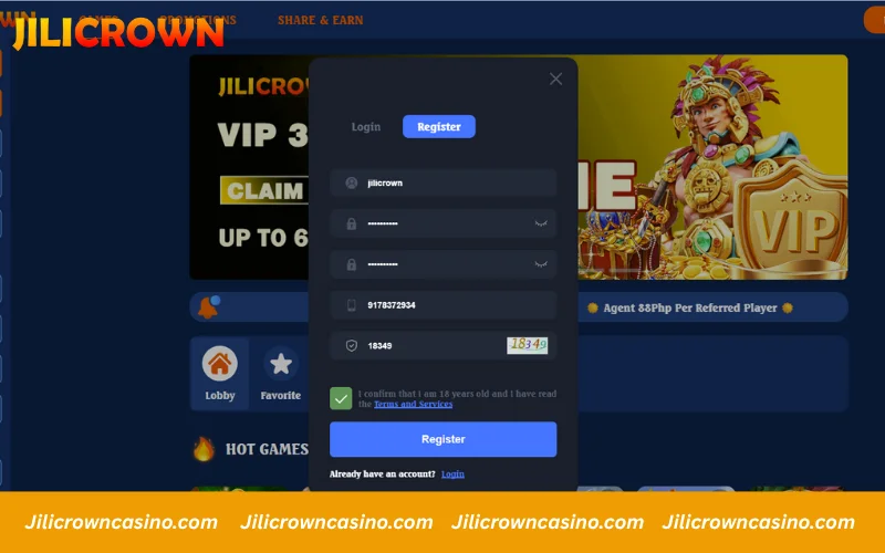 Fill info, tick 18+, click Register