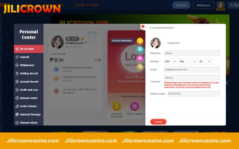 Enter profile info and press Submit