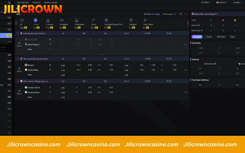 Live football markets with full odds and match details