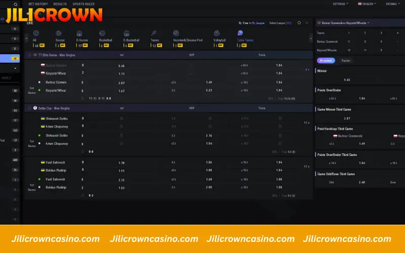Table tennis betting with fast odds refresh and simple layout