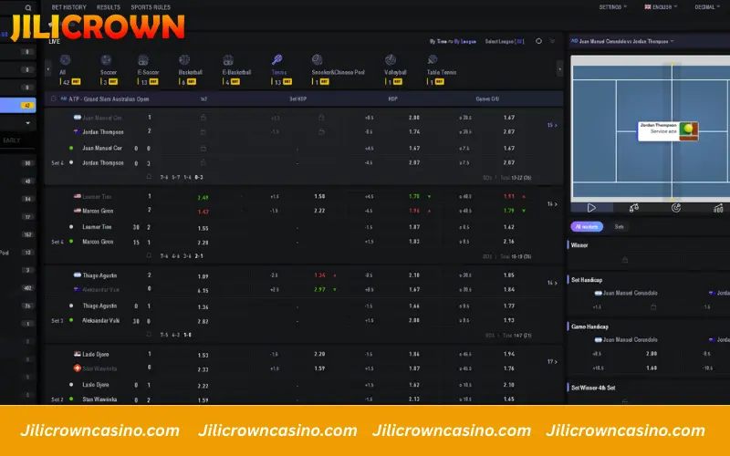 Tennis betting interface showing set and game level odds