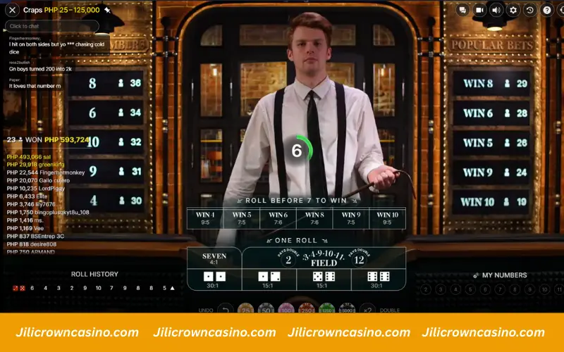 Live Craps table highlighting bet types