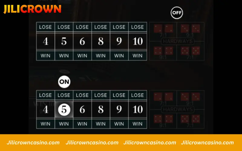 Craps table showing OFF and ON phases