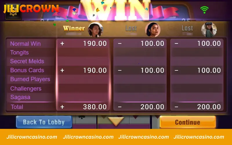 Final payout calculation example in Tongits Go